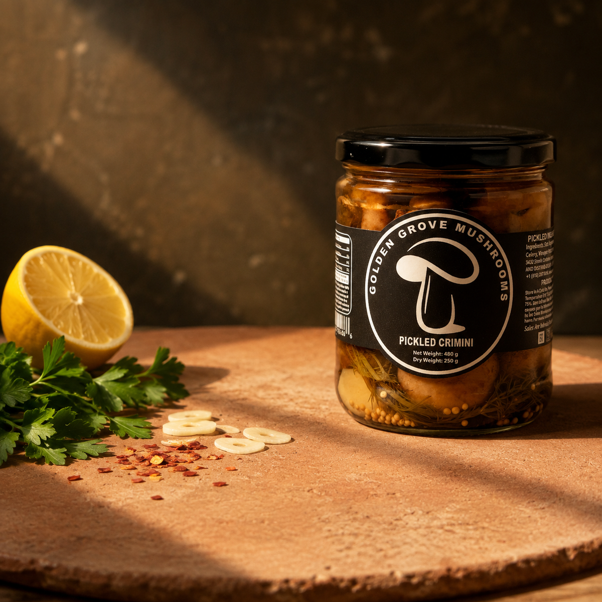 A jar of Golden Grove pickled crimini mushrooms on terracotta beside a halved lemon, flat-leaf parsley, chilli flakes and sliced garlic