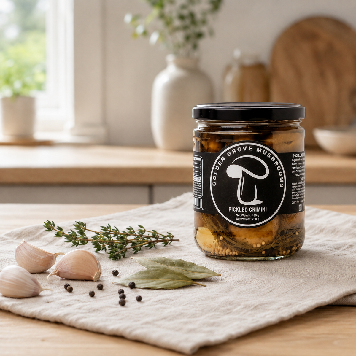 A jar of Golden Grove pickled crimini mushrooms on linen beside garlic cloves, thyme sprigs, bay leaves and black peppercorns