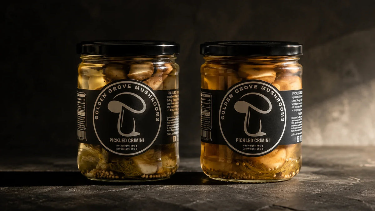 Two jars of crimini mushrooms lit from the side, showing the clearer brine of a vinegar pickle beside the cloudier brine of a ferment.