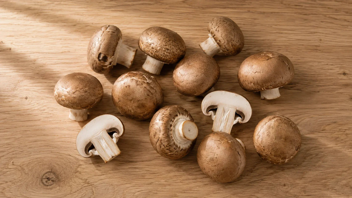 Fresh crimini mushrooms on light oak, some halved to show the pale interior and gills.