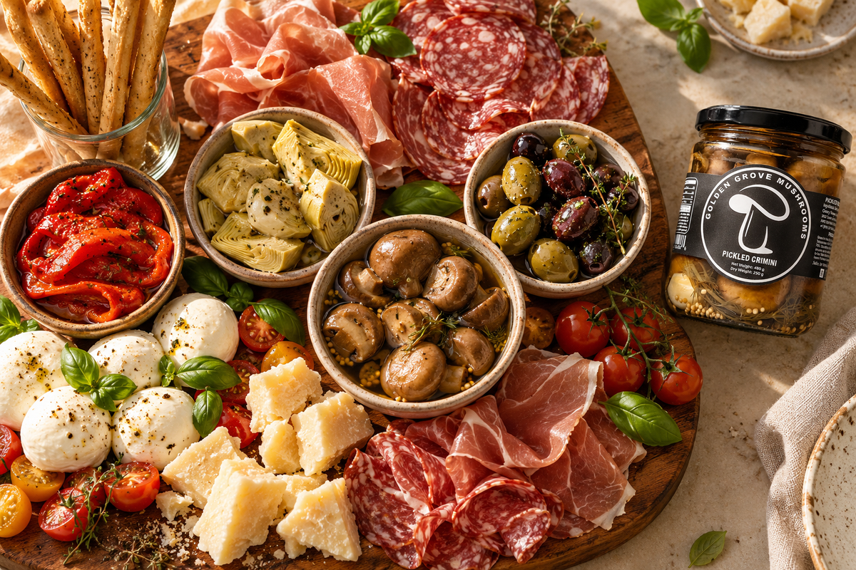 An antipasto platter with prosciutto, salami, mozzarella, olives, artichokes, roasted peppers and a bowl of pickled crimini