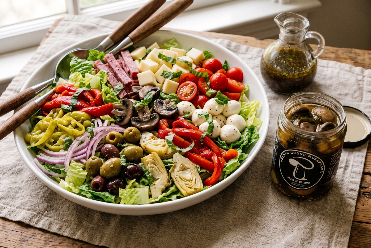 A bowl of antipasto salad with romaine, salami, provolone, mozzarella balls, tomatoes, roasted peppers, artichokes, olives, pepperoncini and pickled crimini, beside an open jar of Golden Grove pickled crimini
