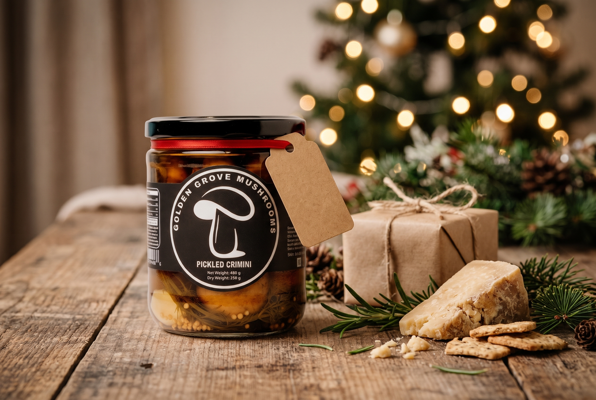 A jar of Golden Grove pickled crimini mushrooms tied with a red ribbon and a kraft gift tag, beside a wrapped gift, aged cheese, crackers and pine, with Christmas lights behind