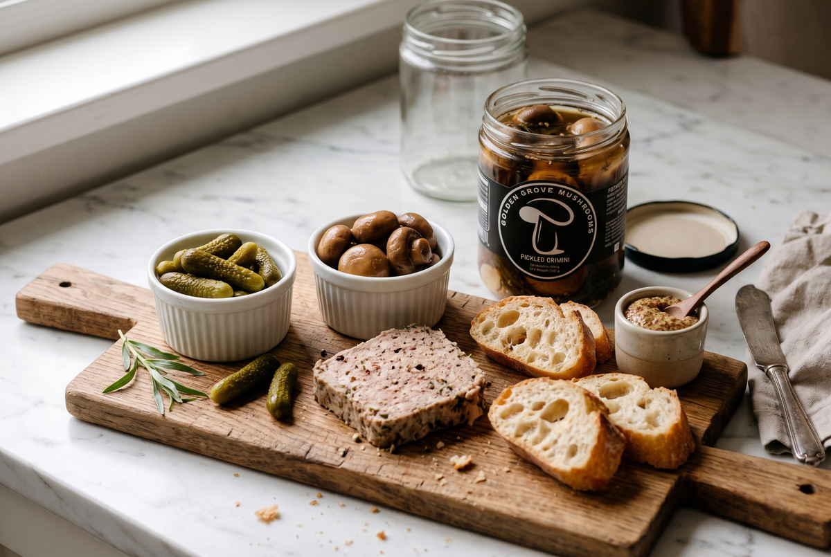 A small bowl of cornichons beside pâté, sliced baguette, Dijon mustard and a bowl of pickled crimini mushrooms