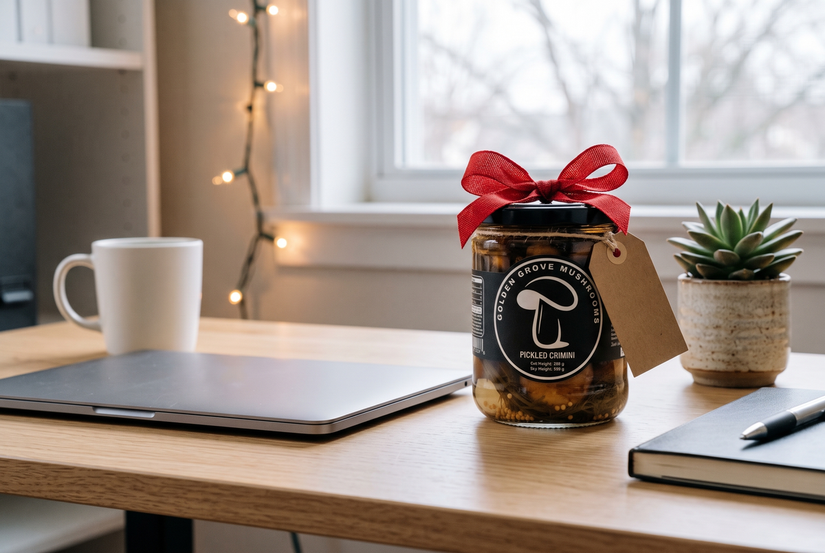 A jar of Golden Grove pickled crimini with a red bow and a kraft gift tag on an office desk beside a laptop, a coffee mug and a succulent