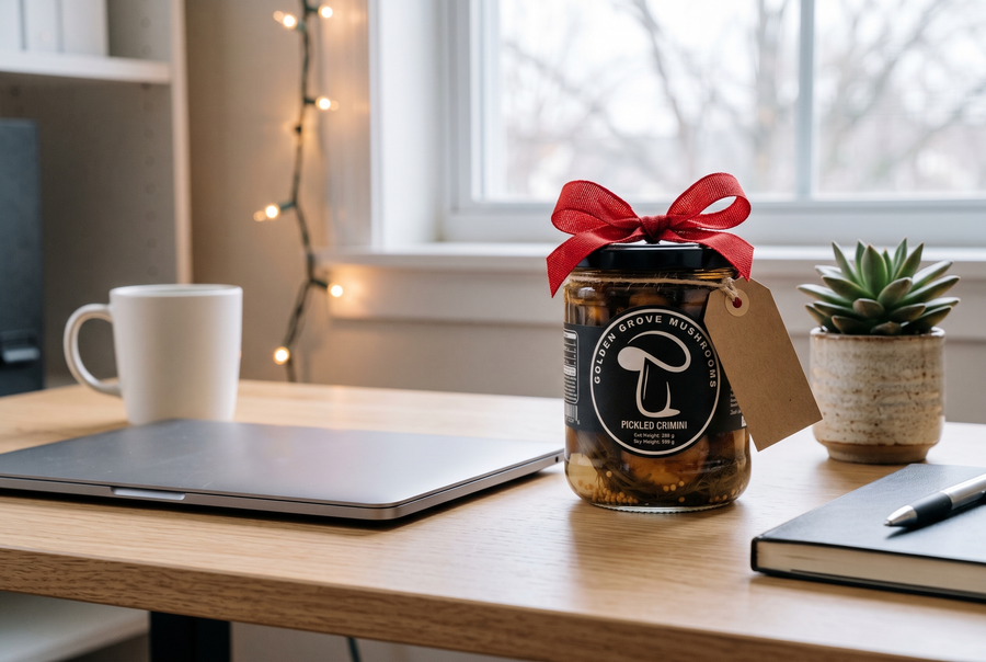 A jar of Golden Grove pickled crimini with a red bow and a kraft gift tag on an office desk beside a laptop, a coffee mug and a succulent