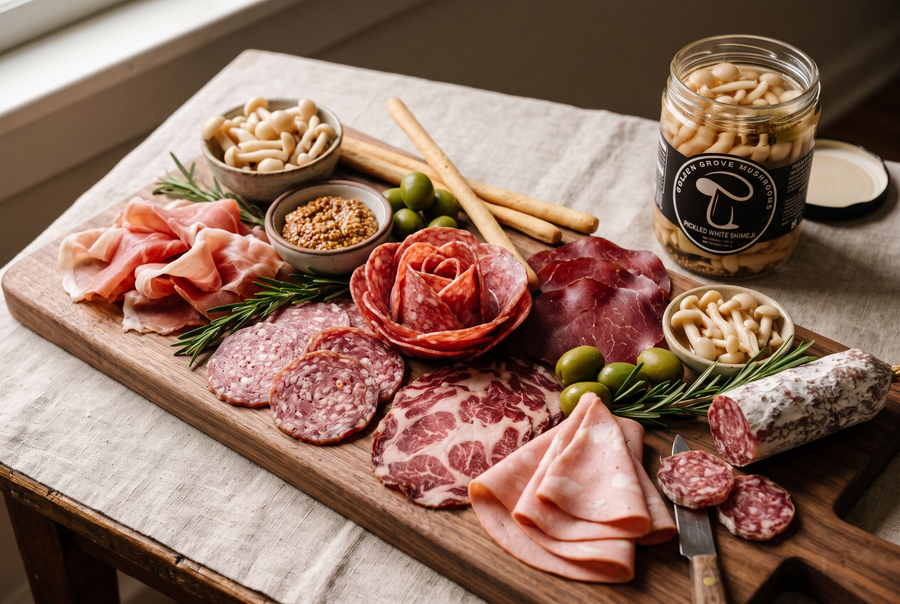 A walnut board of cured meats: prosciutto ribbons, a salami rose, soppressata, bresaola, coppa and mortadella, with breadsticks, olives and an open jar of Golden Grove pickled white shimeji