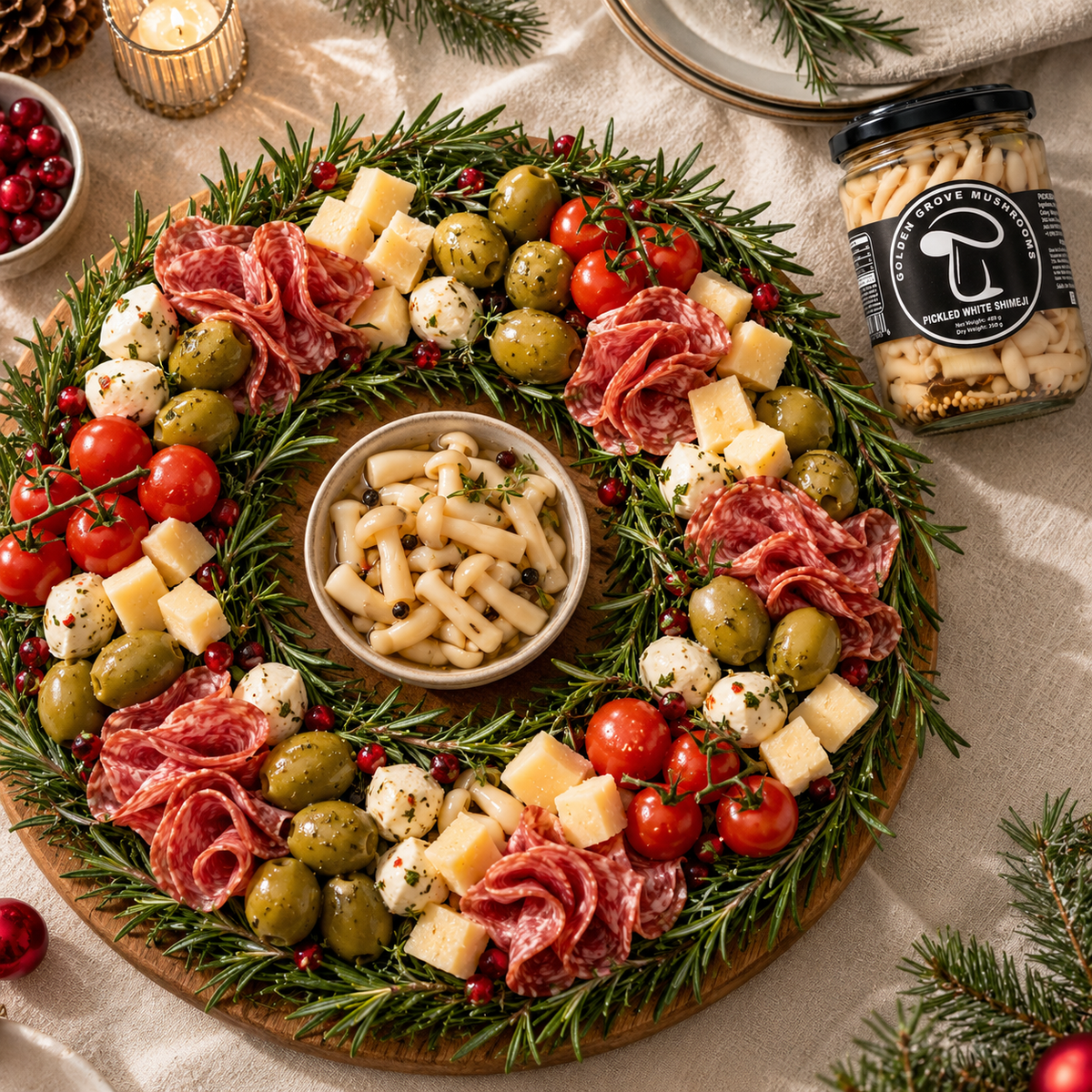 A wreath-shaped Christmas charcuterie board ringed with rosemary, with a bowl of pickled white shimeji in the center