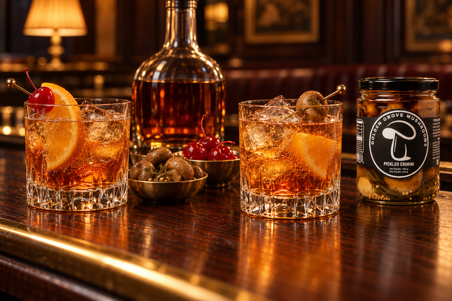 A sweet and a sour brandy Old Fashioned on a supper club bar, one with an orange and cherry, one with a pickled crimini mushroom on a pick