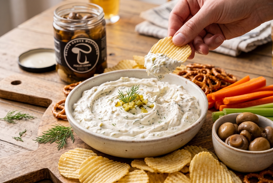 A bowl of creamy dill pickle dip topped with dill, with potato chips, carrot and celery sticks and a bowl of pickled crimini mushrooms