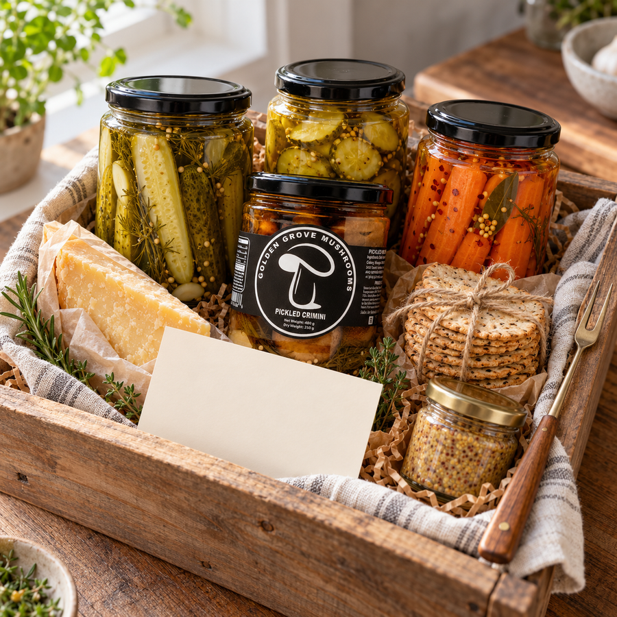 A pickle gift basket in a wooden crate with jars of pickles, a jar of pickled crimini mushrooms, cheese, crackers and a pickle fork