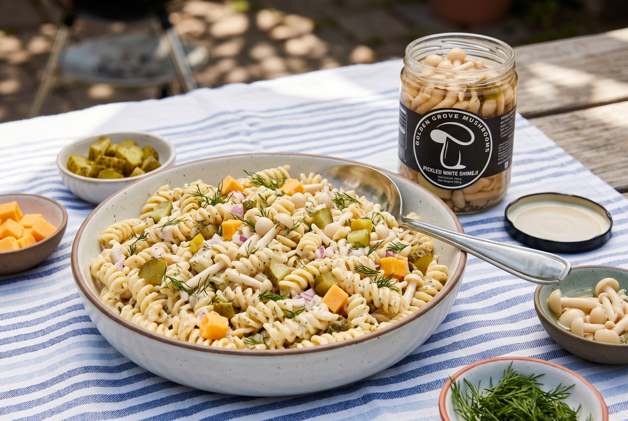 A bowl of creamy dill pickle pasta salad with rotini, chopped pickles, cheddar and dill, beside a jar of pickled white shimeji mushrooms