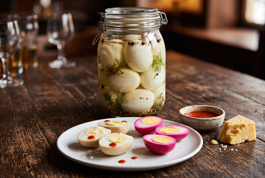A jar of pickled eggs in spiced brine with dill and mustard seed, beside a plate of halved pickled eggs and pink beet eggs
