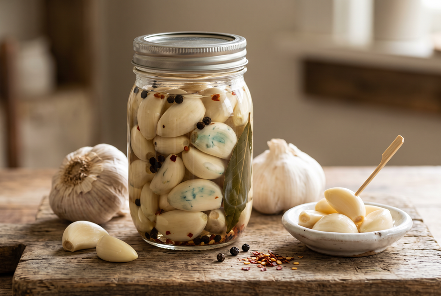A pint jar of peeled garlic cloves pickled in vinegar with peppercorns, chili flakes and a bay leaf, beside a head of garlic