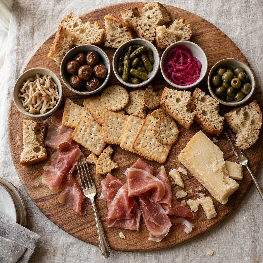 A finished charcuterie board with pickled mushrooms, aged cheese, prosciutto and sourdough
