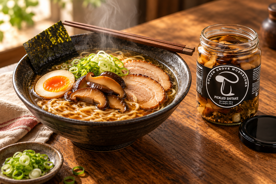 A bowl of shoyu ramen topped with chashu, a soft egg, scallions and slices of pickled shiitake, with the jar beside it
