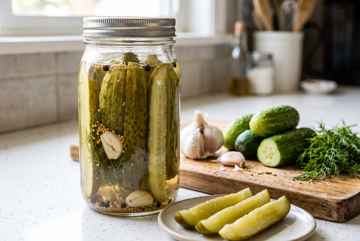 A quart jar of homemade refrigerator dill pickle spears with garlic, dill and mustard seed on a kitchen counter