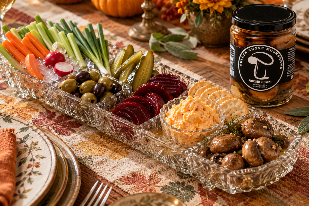 A long Thanksgiving relish tray with celery, carrots, radishes, olives, pickles, pickled beets and a bowl of pickled crimini mushrooms
