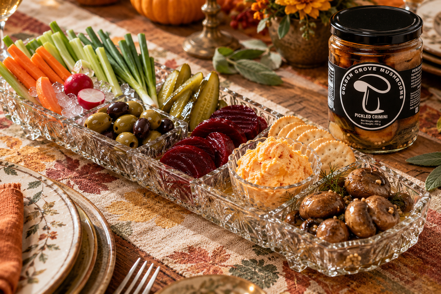 A long Thanksgiving relish tray with celery, carrots, radishes, olives, pickles, pickled beets and a bowl of pickled crimini mushrooms