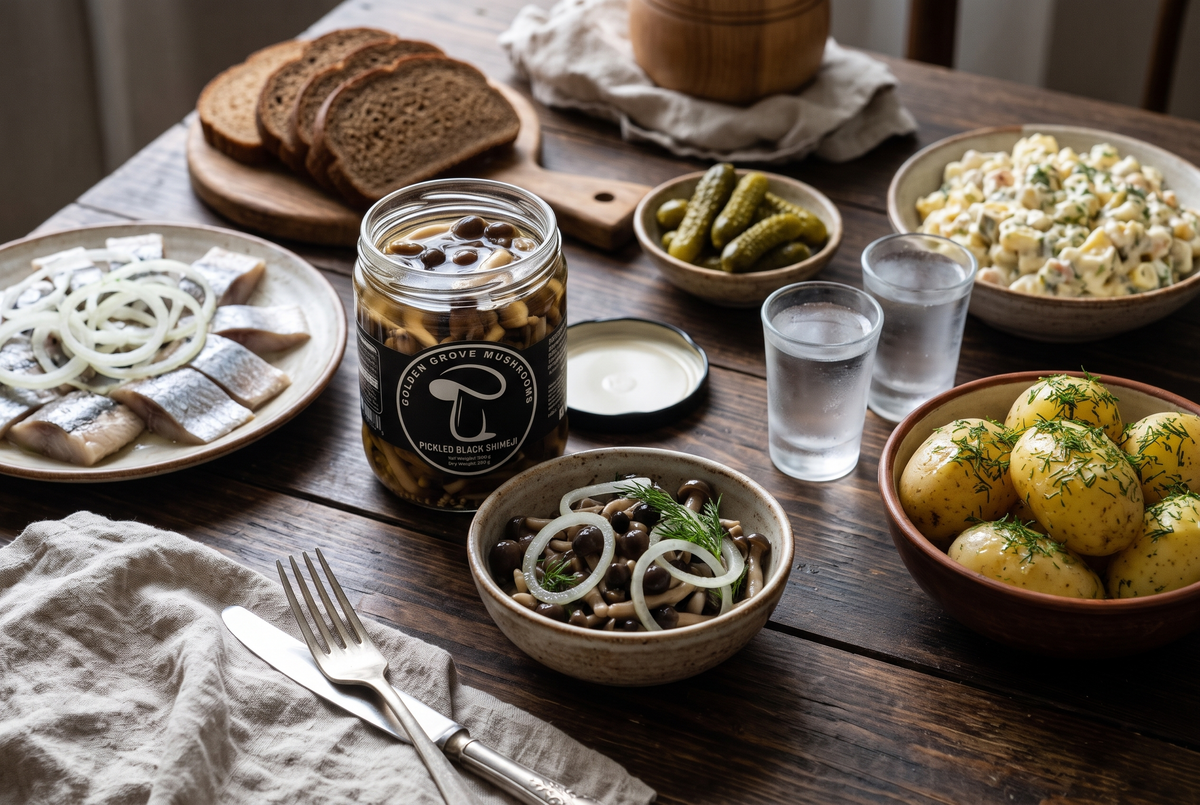 A zakuski table: an open jar of Golden Grove pickled black shimeji beside a bowl of the mushrooms with onion rings and dill, herring, pickles, Olivier salad, dill potatoes, rye bread and two small glasses