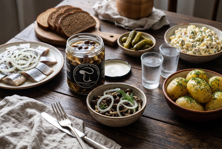 A zakuski table: an open jar of Golden Grove pickled black shimeji beside a bowl of the mushrooms with onion rings and dill, herring, pickles, Olivier salad, dill potatoes, rye bread and two small glasses