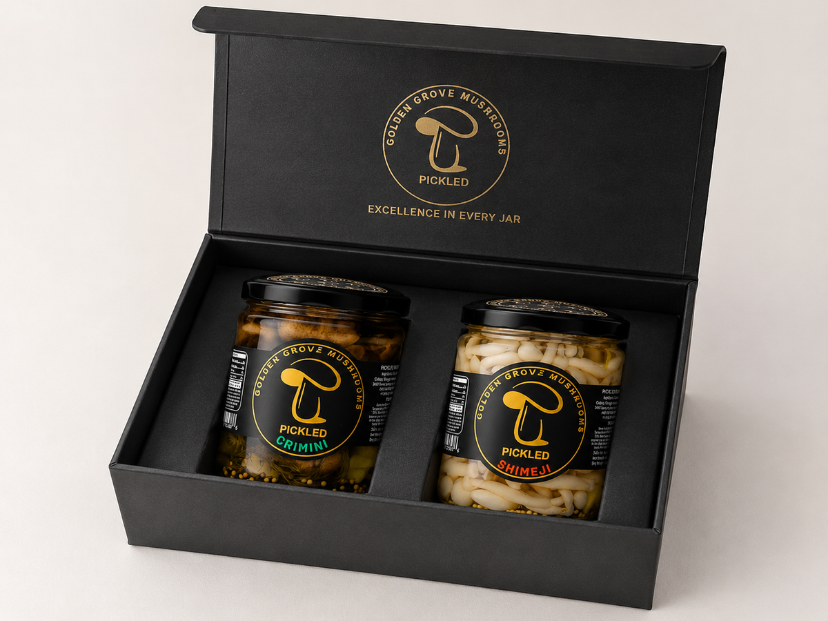 Two jars of Golden Grove pickled mushrooms, the 2-Pack