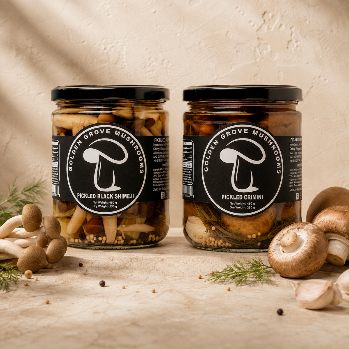 Two jars of Golden Grove pickled mushrooms, the 2-Pack