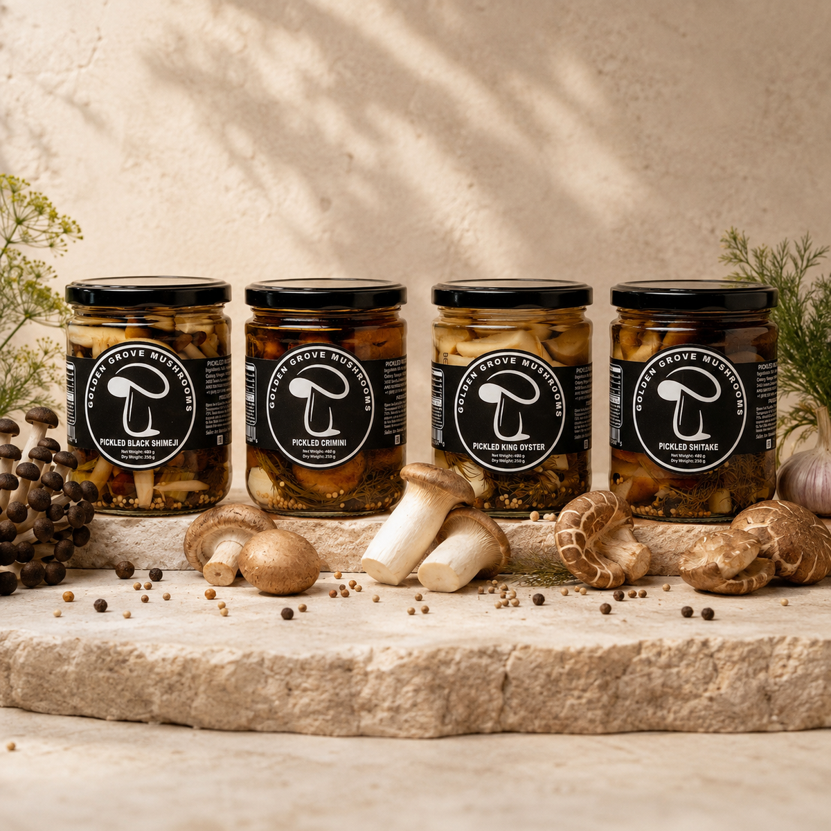 Four jars of Golden Grove pickled mushrooms, the 4-Pack