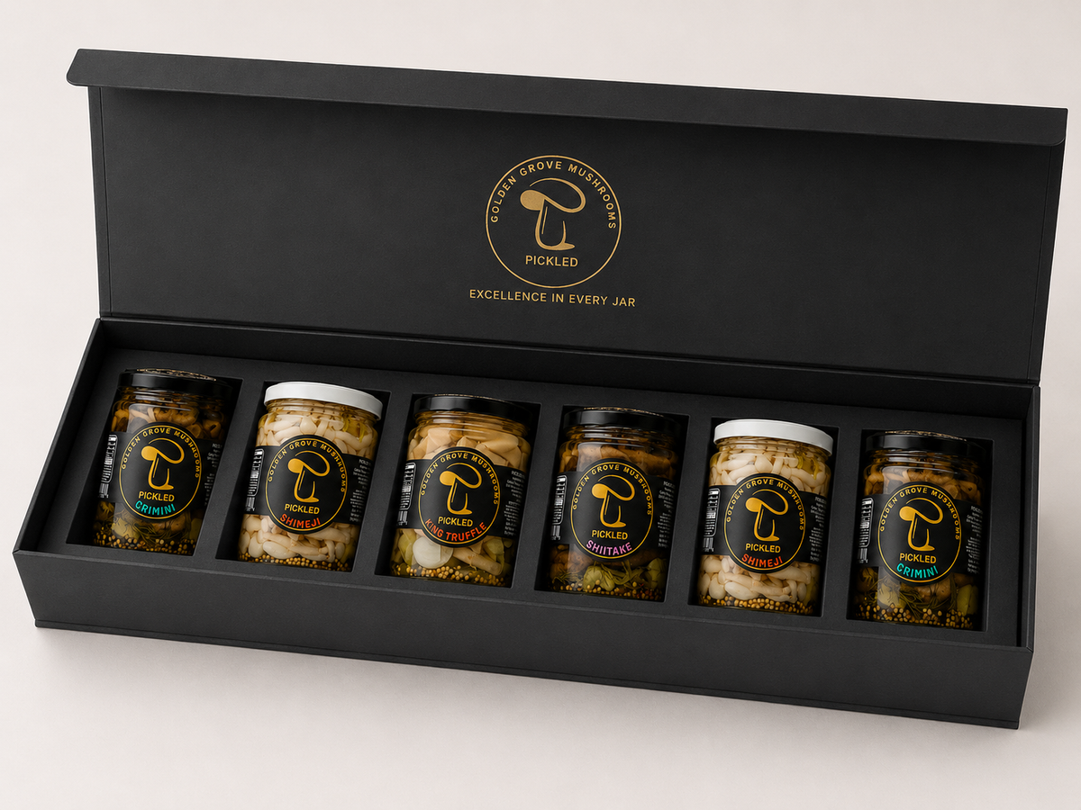 Six jars of Golden Grove pickled mushrooms, the 6-Pack