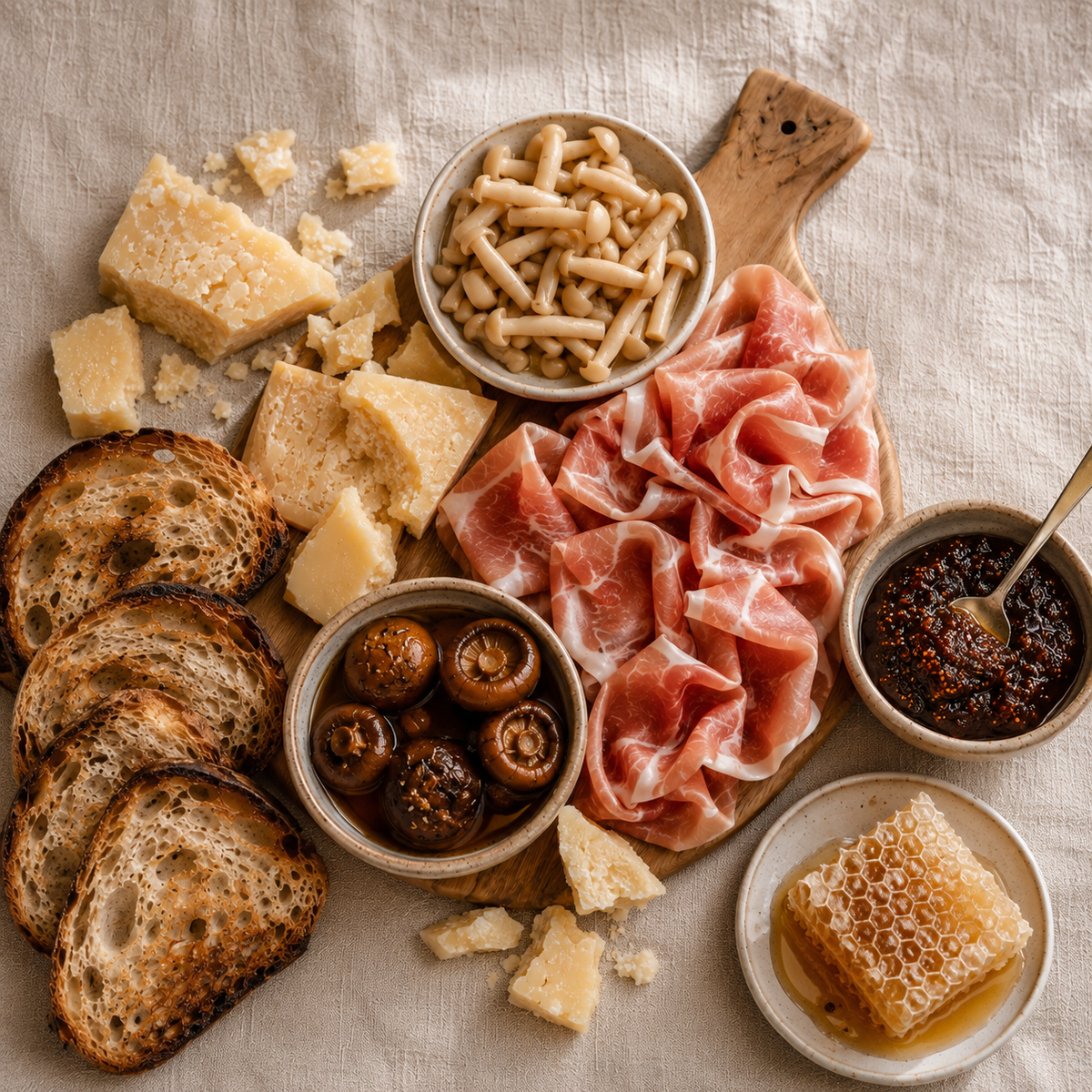 A completed charcuterie board with pickled mushrooms in small bowls