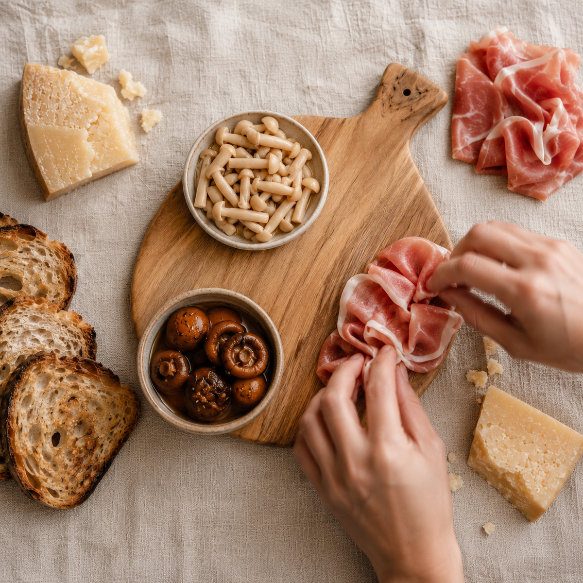 Hands folding prosciutto onto a half-built charcuterie board