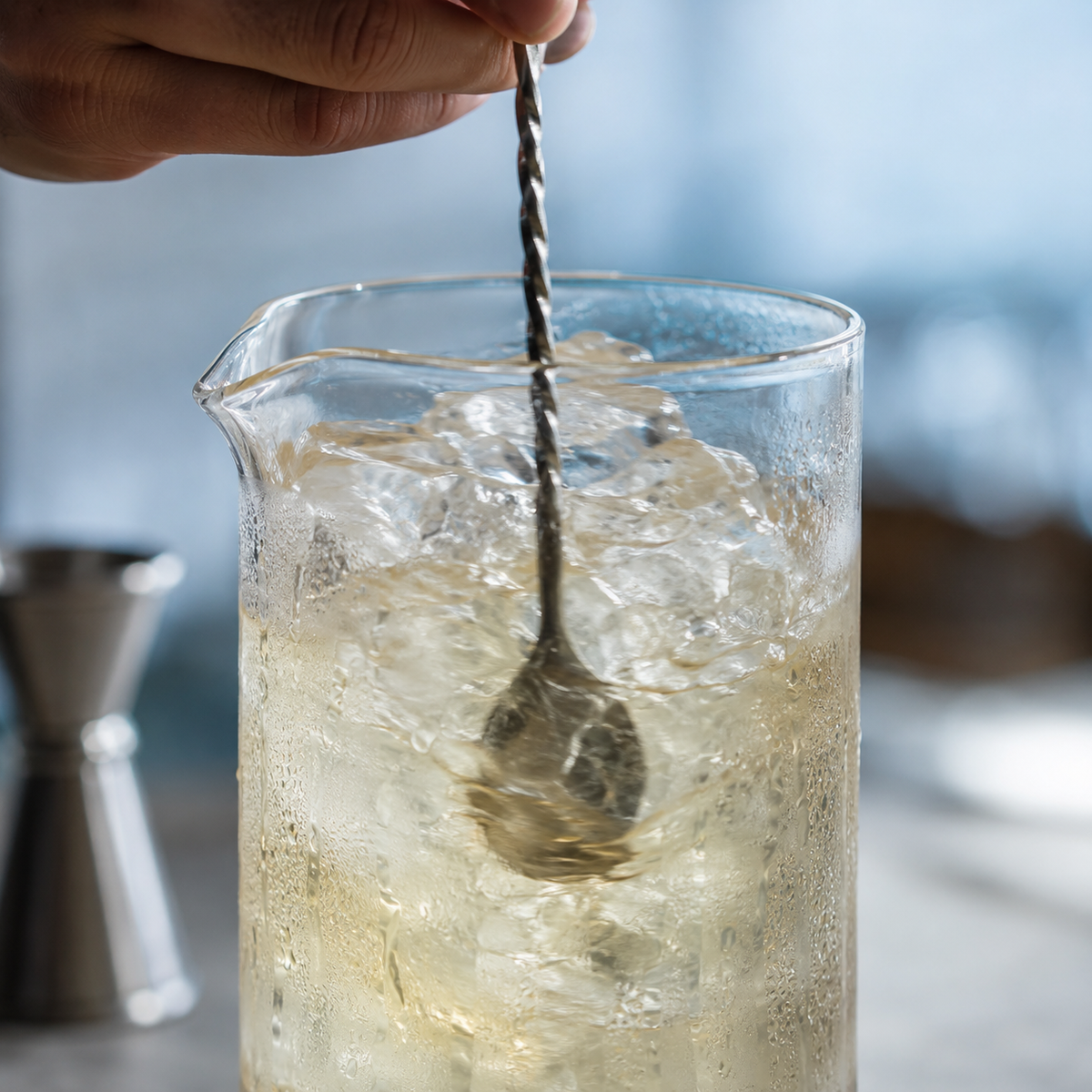 A bar spoon stirring a mixing glass packed with clear ice