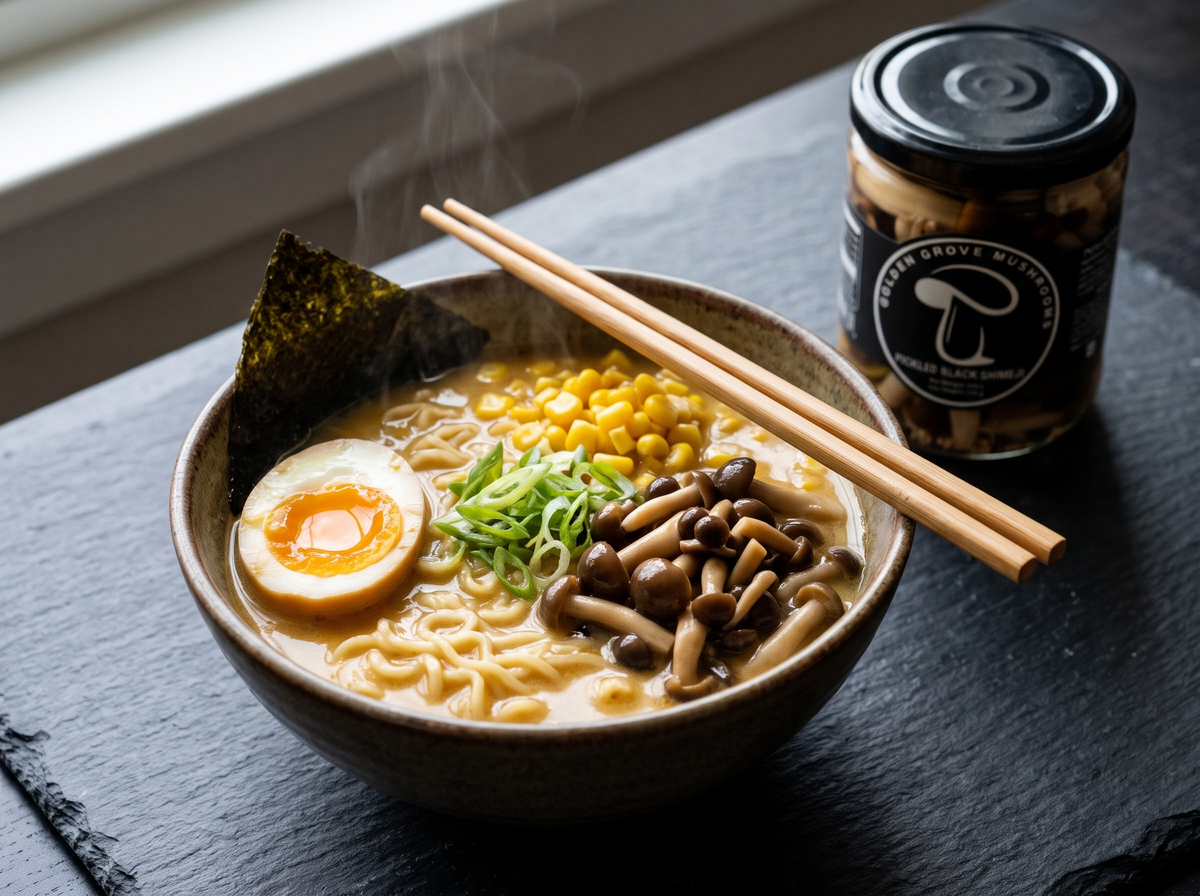 A bowl of miso ramen with a jammy egg, corn, green onion, nori and pickled black shimeji, next to a jar of Golden Grove Pickled Black Shimeji