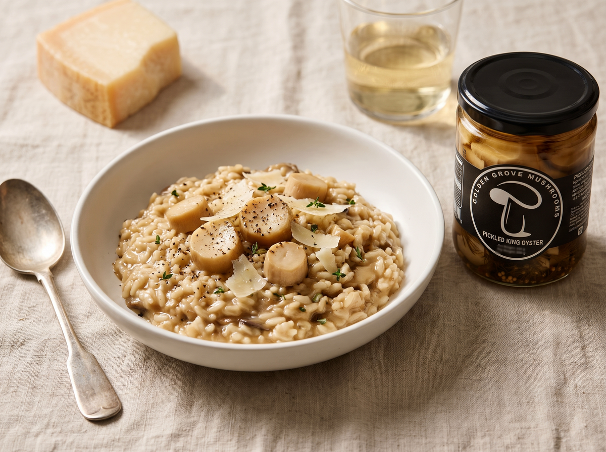 Creamy mushroom risotto with parmesan and pickled king oyster mushroom coins, with a jar of Golden Grove Pickled King Oyster