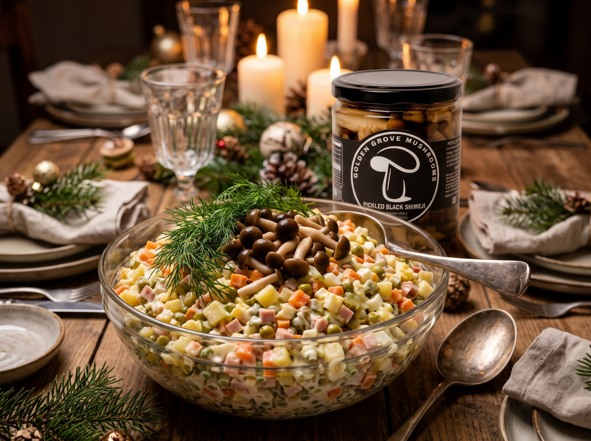 Olivier salad topped with pickled black shimeji and dill on a holiday table, with a jar of Golden Grove Pickled Black Shimeji