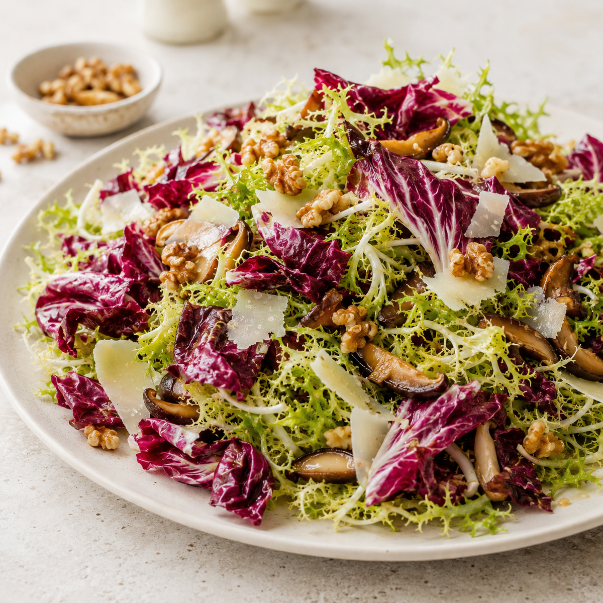 A bitter leaf salad with pickled shiitake, toasted walnuts and shaved parmesan
