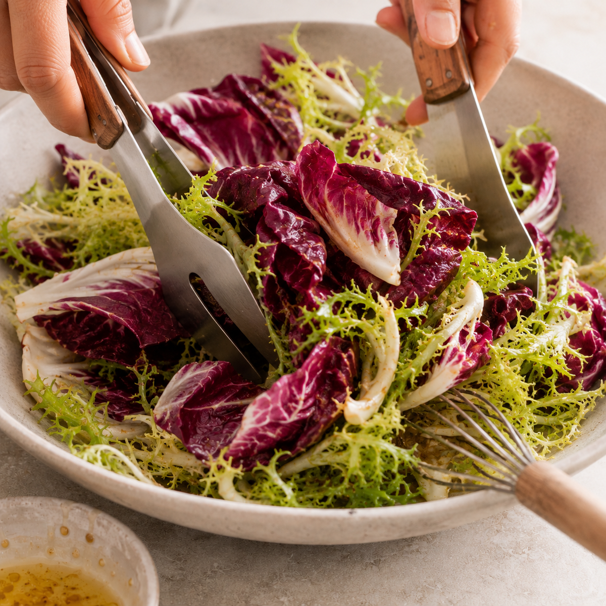 Hands tossing bitter leaves in a wide bowl with shiitake brine dressing