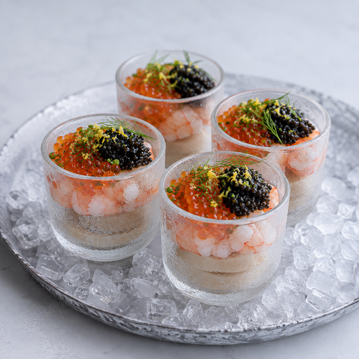 Four glass cups layered with prawns, king oyster coins, salmon roe and black caviar