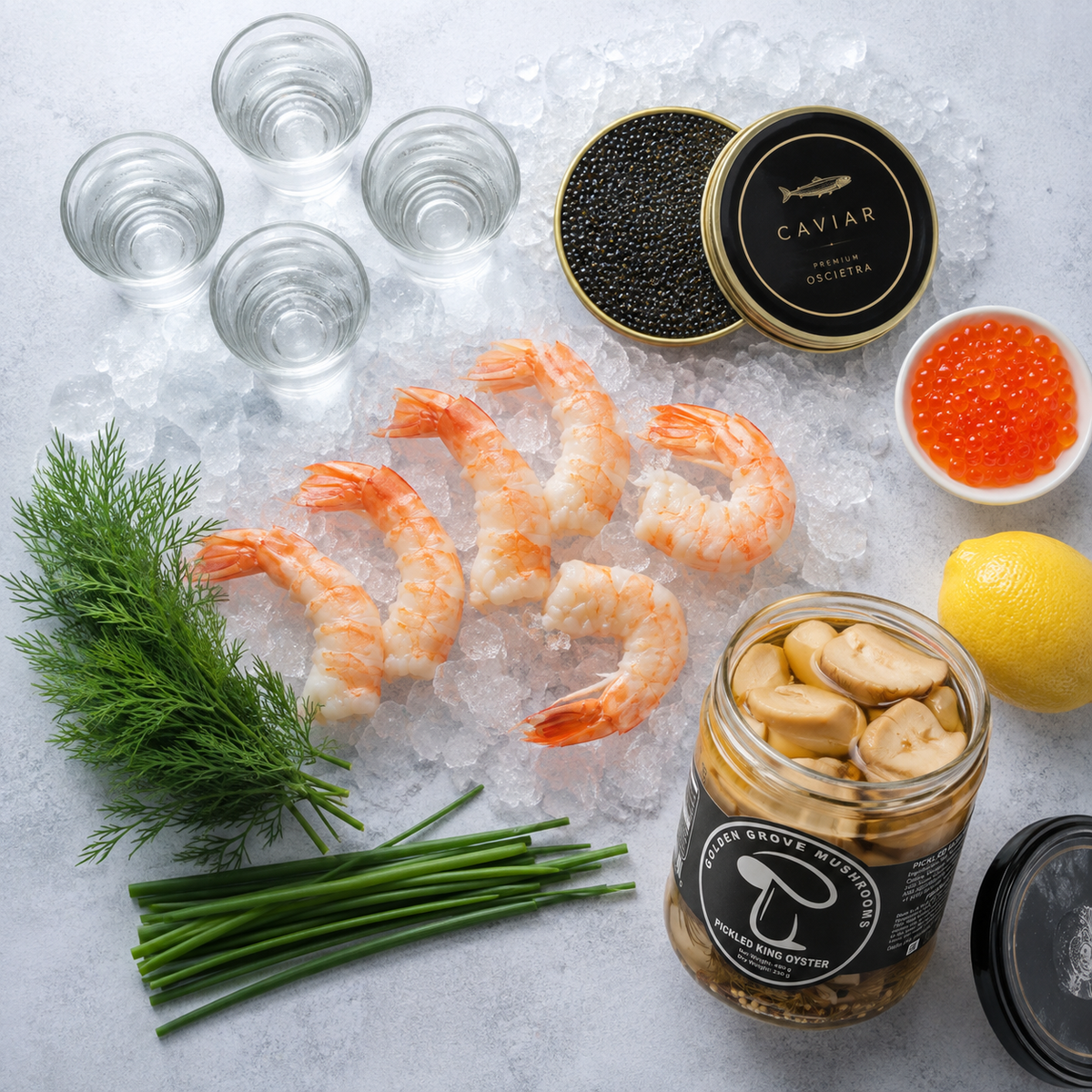 Chilled prawns, caviar, salmon roe and a jar of pickled king oyster laid out on ice