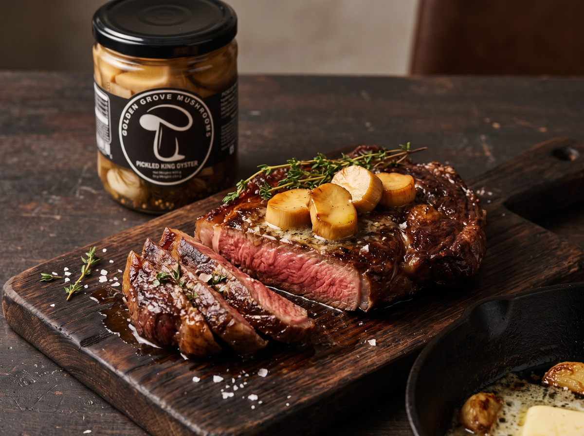 Sliced pan-seared steak topped with buttery pickled king oyster mushroom coins and thyme, with a jar of Golden Grove Pickled King Oyster