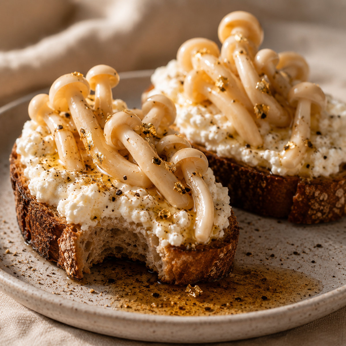 Two slices of ricotta toast topped with pickled white shimeji, black pepper and gold leaf