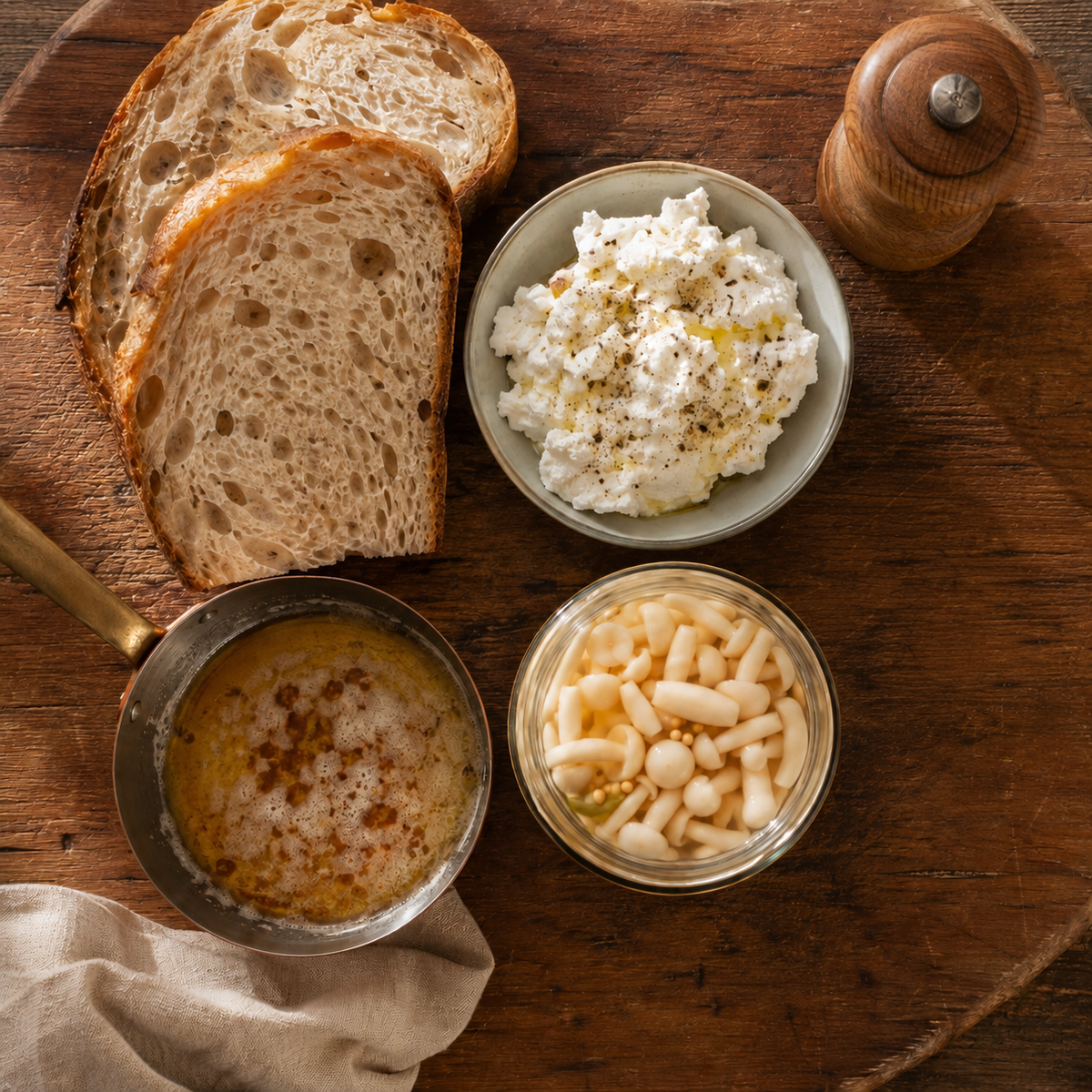Sourdough, ricotta, browned butter and a jar of pickled white shimeji laid out